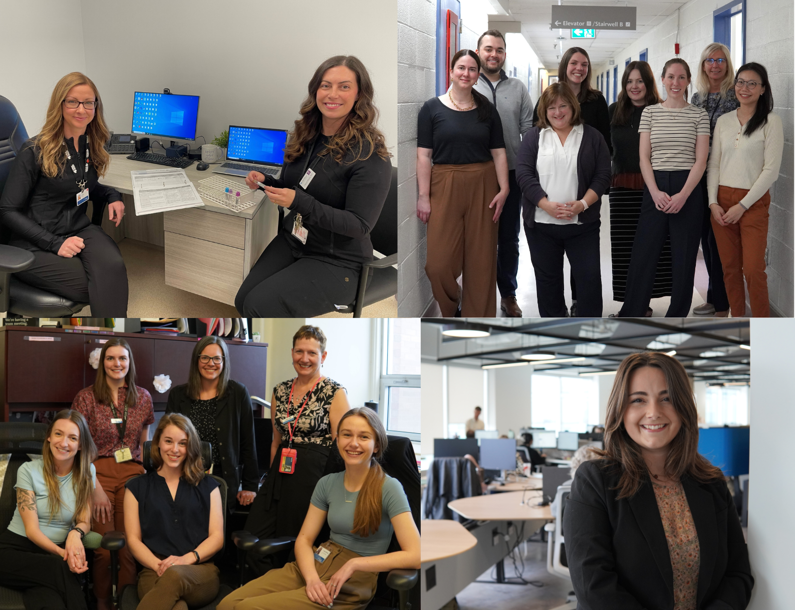 Nurses in different settings including offices, the Nova Scotia Health Innovation Hub and a clinic hallway pose for a photo.
