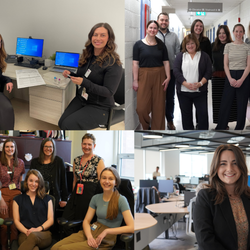 Nurses in different settings including offices, the Nova Scotia Health Innovation Hub and a clinic hallway pose for a photo.