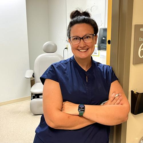 Clinical nurse specialist Lindsay Burke leans against the door of an office in the Multi-Disciplinary Leg Ulcer Clinic at Halifax’s QEII Health Science's Centre.