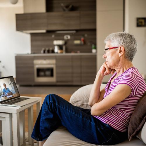Woman meets with support person online from their couch