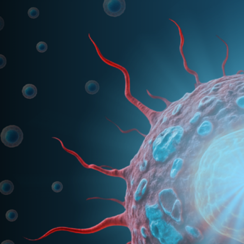 A graphic visualization of a cancer cell being treated with beams of light blue radiation. 
